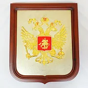 На память: Плакетка «Герб России» из латуни и дерева — фотография 2